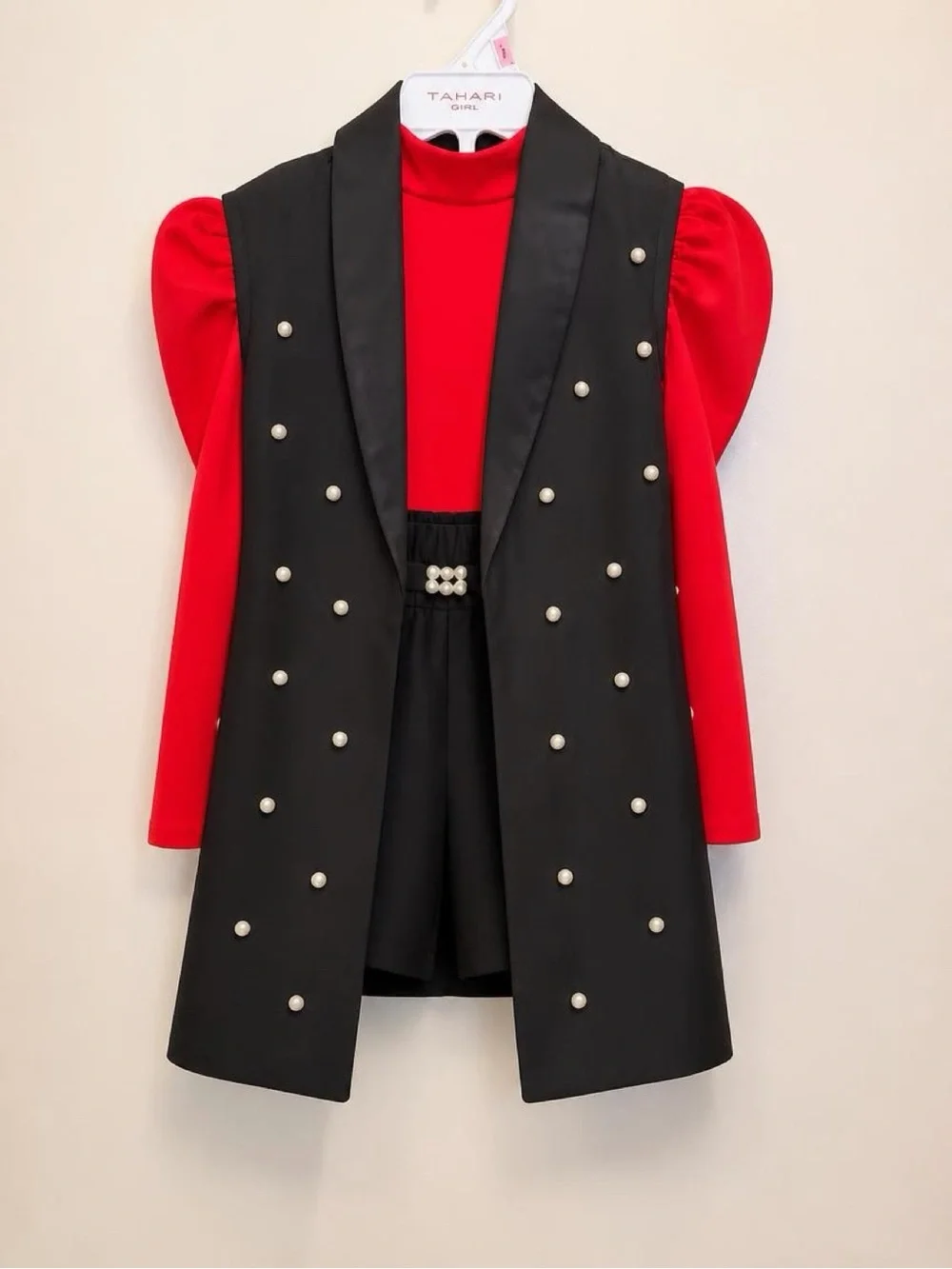 Girls Pearl-Embellished Vest, shirt and short set - Black and Red.
